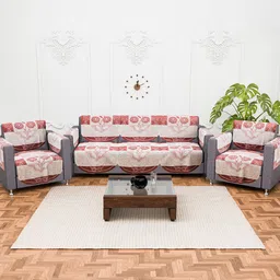 Kuber Industries Red & Pink Printed Cotton Sofa Cover With Arms-36