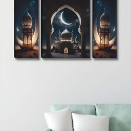 SAF Blue & White 3 Pieces Islamic Mosque & Crescent Moon Printed Wooden Wall Arts-picture-47