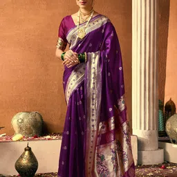 KALINI Ethnic Motifs Zari Silk Blend Banarasi Saree-image-18
