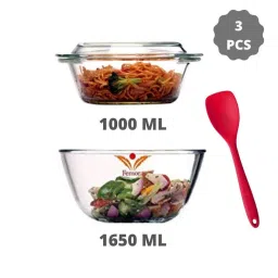 Femora Borosilicate Glass Microwave Safe Serveware Set with Spoon (1650 ml & 1000 ml) - Set of 3 image 1