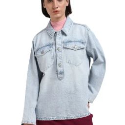 Tommy Hilfiger Blue Cotton Solid Women Relaxed Fit Denim Shirt-image-45