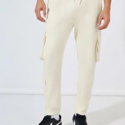 Styli Off White Cotton Regular Fit Solid Cargo Joggers-image-49