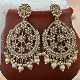 Fida Gold White Stones & Pearls Bridal Chand Bali Earrings-3