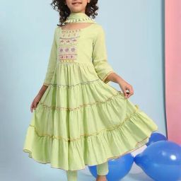 Biba Kids Pastel Green Embroidered Regular Fit Suit Set with Dupatta-image-60