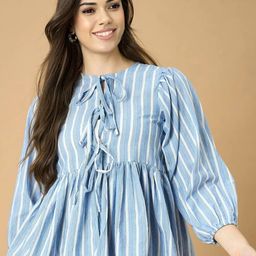 all about you Vertical Stripes Tie-Up Neck Puff Sleeve Cotton Peplum Top-picture-15