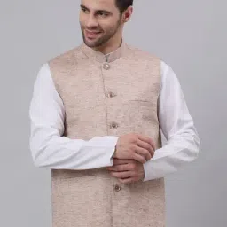 NEUDIS Light Brown Sleeveless Mandarin Collar Nehru Jacket-22
