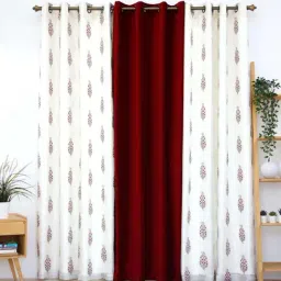 Ariana Siroi Sheer with Quince Combo Red & Off-White Polyester 7 Ft. Door Curtain - Set of 3-image-4