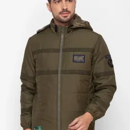 Spykar Green Straight Fit Self Pattern Hooded Jacket-image-3