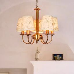 FOS LIGHTING Gold Transitional Antique Brass Finished Chandelier with Embroidered Fabric Shades-image-9