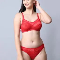 Gracit Red Self Pattern Bra Panty Set-10