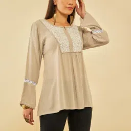 Soch Beige Crepe Yoke Design Embroidery Tunic With Lace-image-9