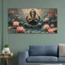 Nestroots Multicolor Canvas Serene Ganehsa On Nature Harmony Wall Painting - Black Floating Frame-17