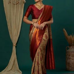 Satrani Beige Silk Blend Woven Saree With Unstitched Blouse-image-25