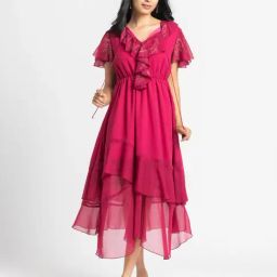 SHAYE Dark Pink V-Neck Short Sleeves Casual Dress For Women-picture-40