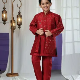 Pro-Ethic Style Developer Boys Red Sequence Full Sleeves Self Design Indowestern Sets image 1