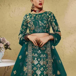 FABPIXEL Green Embroidered Sequinned Semi-Stitched Lehenga & Unstitched Blouse With Dupatta image 2