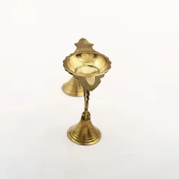 Exotic India Yellow & Gold-Toned Aarti Diya With Handle Pooja Essentials-58