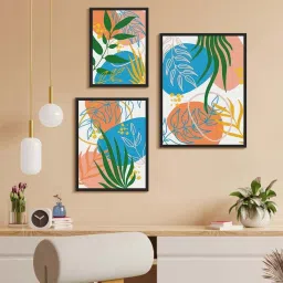 999Store Multicolor Canvas Leaf Line Art And Abstract Modern Art Wall Painting - Set of 3 image 1