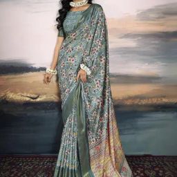 Satrani Grey Floral Print Saree With Unstitched Blouse-image-93