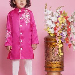 Little Bansi Boys Pink & White Embroidered Full Sleeves Sherwani with Pyjamas-picture-15