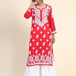 House Of Kari HOK Hand Embroidery Chikankari Long Kurti for Women -Red-58