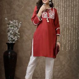 Nayam by Lakshita Orange Cotton Embroidery Kurti-image-44