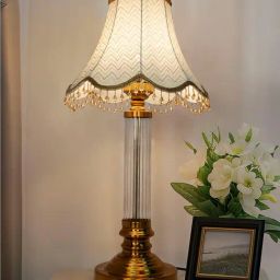 FOS LIGHTING Golden Table Lamp with Fluted Glass Pillar and Scalloped Zigzag Shade-31