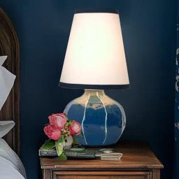 FOS LIGHTING Contemporary Enamel Blue Melon-Shaped Table Lamp with Hand-Painted Lines-79