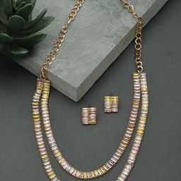 Zaveri Pearls Multicolor 2 Layers Baguette Diamonds Necklace & Earring Set-ZPFK15237-25