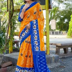 Satrani Yellow & Blue Cotton Ikkat Print Saree With Unstitched Blouse-image-15