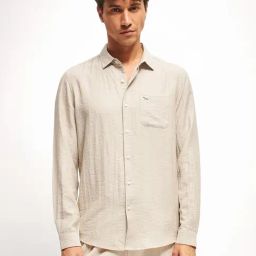 The Bear House Cream Slim Fit Texture Shirt-image-4