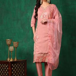Berrylicious Women Floral Embroidered Regular Thread Work Chanderi Cotton Kurta with Trousers & With Dupatta-5