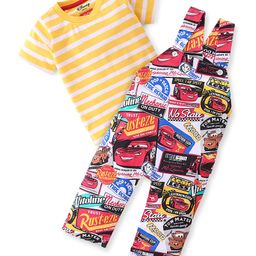 Babyhug Disney Cotton Knit Dungaree and Half Sleeves T-Shirt Set Cars Print - Yellow & Red-image-33