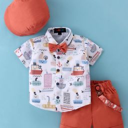 Robo Fry Cotton Woven Half Sleeves Shirt and Shorts with Bow Cap & Suspender Ship Print - White & Red-image-68