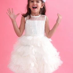 Babyhug Woven Sleeveless Fit and Flare Sequinned Yoke Frill Party Dress - Off White-image-13