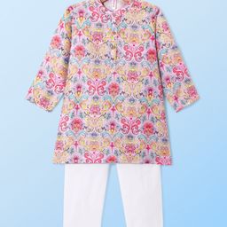 Babyhug Cambric Woven Full Sleeves Floral Printed Kurta With Pyjama Set - Light Pink & White-image-70