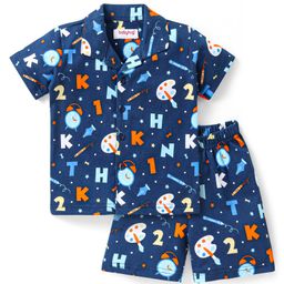 Babyhug Cotton Knit Half Sleeves Night Suit With Alphabets Print - Navy-image-12