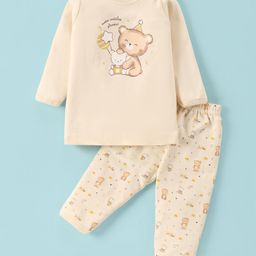 Simply Interlock Knit Full Sleeves Night Suit With Teddy Print - Beige-18