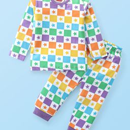 Babyhug Cotton Knit Full Sleeves CheckeredNight Suit with Star Print - White Purple & Yellow-picture-26