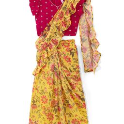 Babyhug Woven Half Sleeves Georgette Embroidered Blouse & Floral Printed Saree - Fuschia & Yellow-image-92