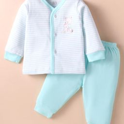 Zero Interlock Knit Full Sleeves Striped Night Suit with Bear Print - Light Blue-image-99
