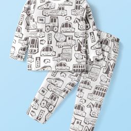 Babyhug Cotton Knit Full Sleeves Car Printed Night Suit - White-image-43