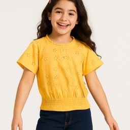Arias Cotton Woven Half Raglan Sleeves Schiffli Top with Frill at Neck & Smocking at Hem - Yellow-image-24