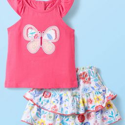 Babyhug Single Jersey Knit Sleeveless Top & Skirt Set With Floral Print & Butterfly Embroidery - Dark Pink & White-image-74