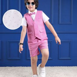 Mark & Mia Cotton Woven Half Sleeves Leaf Printed 3 Piece Party Suit With Bow - Pink & White-image-46