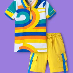 OLLINGTON ST. Cotton Half Sleeves Printed Polo T-Shirt & Shorts Set - Multicolor & Yellow-image-42