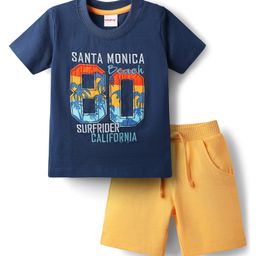 Babyhug Single Jersey Knit Half Sleeves T-Shirt & Shorts Set With Sport Theme Print - Navy Blue & Yellow-image-20