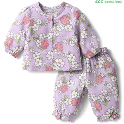 Babyoye 100% Cotton Knit Front Open Full Sleeves Co-ords Night Suit With Floral Print - Lilac-picture-28