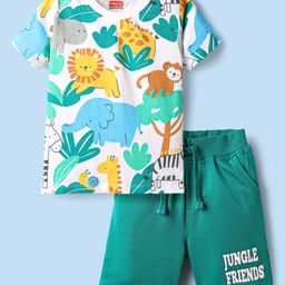 Babyhug Single Jersey Knit Half Sleeves T-Shirt & Shorts Set with Jungle Theme Print - Mint-picture-5
