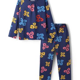 Pine Kids Cotton Knit Full Sleeves Co-ords Night Suit with Floral Print - Navy Blue-picture-5